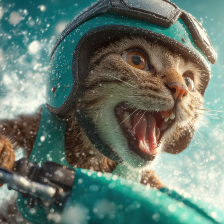 A cheerful tabby cat enjoys a thrilling ride on a jet ski, wind blowing through its fur and a helmet securely fastened.の素材