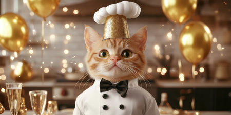 A delightful cat dressed as a chef stands proudly in a vibrant kitchen filled with golden balloons and sparkling champagne flutes, creating a joyful atmosphere for the New Year celebration.の素材