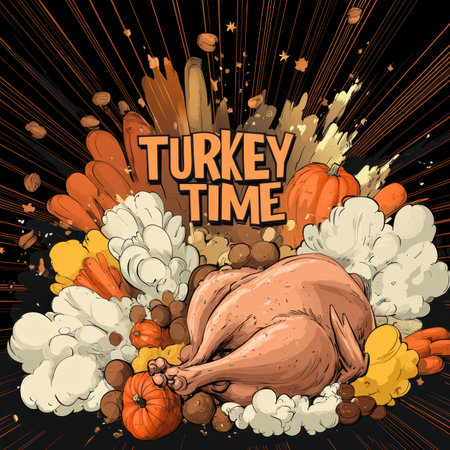 Bold comic book style lettering of Turkey Time bursts with an explosion effect, surrounded by pumpkins and festive elements.の素材