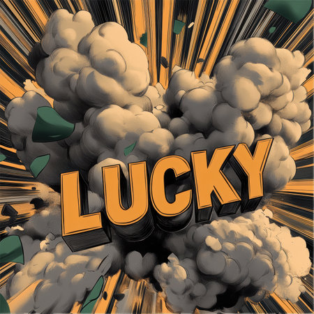 Boldly presented in comic book style, the word LUCKY bursts with life against vibrant rays and stripes. Green, gold, and black hues create an engaging St.の素材