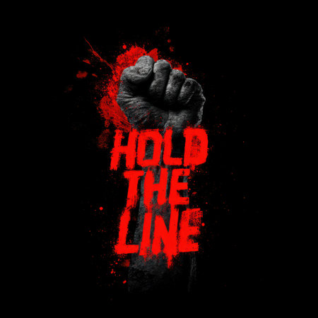 A clenched fist rises strongly from the center, accompanied by bold, rough-textured letters proclaiming HOLD THE LINE. The background bursts with vivid red, embodying the intensity of street art.の素材