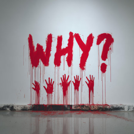 Outstretched fingers smeared in red paint touch a white wall, where the word WHY? is written in raw strokes, dripping paint creating a striking visual contrast that prompts reflection.の素材
