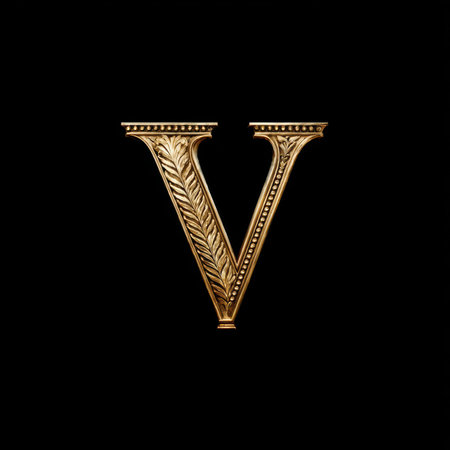 Elegant golden letter V adorned with intricate patterns against a black background at twilightの素材