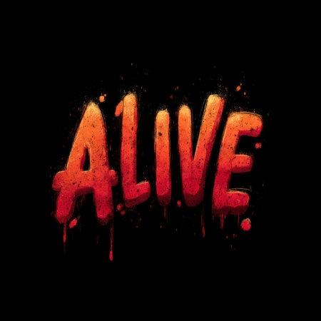 Graffiti-style lettering spells out ALIVE in bright red with dark charcoal splatters. The bold design features a raw spray-painted look, evoking strong emotions and energy.の素材