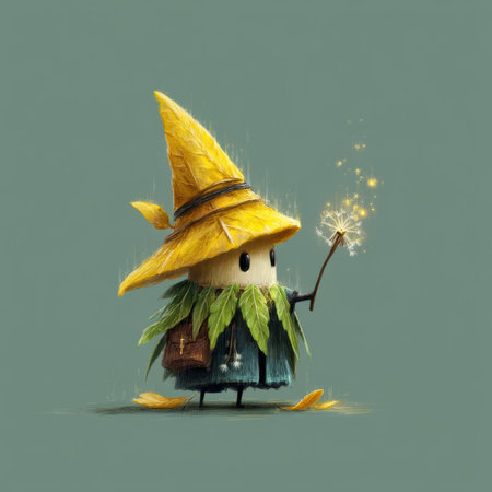 A mushroom magician with a cone-shaped leaf hat uses a dandelion stem wand to cast sparkles. Surrounded by an enchanting world, this character radiates magic and whimsy in its joyful activity.の素材