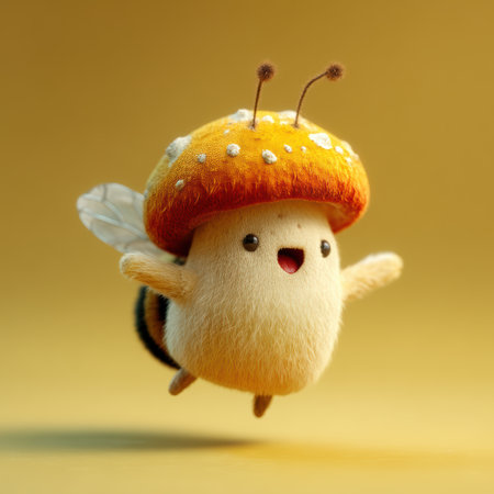 A cheerful mushroom with a bright yellow cap, tiny wings, and antennae buzzes excitedly while mid-hop. Its arms flail in joy as it plays in a sunny, whimsical atmosphere, spreading happiness.の素材