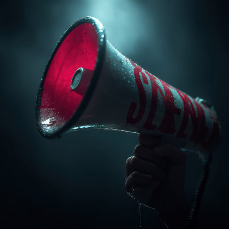 Hand holding a megaphone wrapped in police tape labeled silenced with dramatic lighting effectsの素材