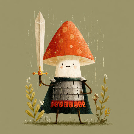 A brave mushroom dressed as a knight wears a shiny acorn helmet and wields a twig sword. Standing tall amidst vibrant greenery, it embodies a heroic spirit in a whimsical forest setting.の素材