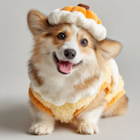 A cheerful corgi in a fluffy pumpkin pie costume stands against a clean white background. The adorable dog features a whipped cream hat, cinnamon tail, and sparkling eyes, exuding joy.の素材