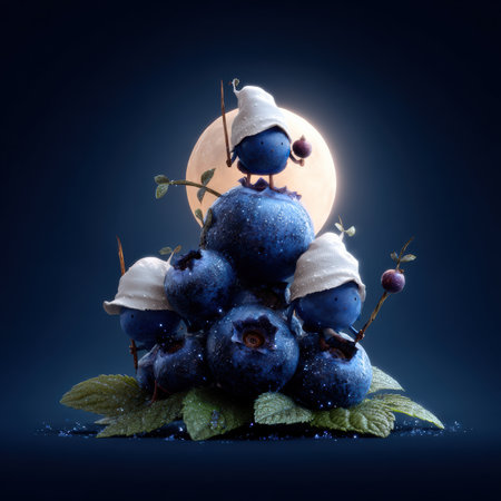 A group of tiny sprites in nightcaps harvests shimmering blueberries under a luminous sugar moon, resting atop mint leaves. The atmosphere is whimsical and serene, filled with enchanting calmness.の素材