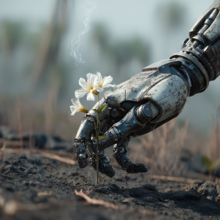 In a desolate and scorched field, a bionic hand carefully holds a single blooming flower, contrasting synthetic softness with natural beauty, while faint smoke rises from the earth beneath.の素材
