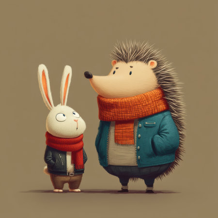 In a cozy corner of a colorful forest, a nervous rabbit wearing three scarves looks up at his brave hedgehog friend in a leather jacket.の素材