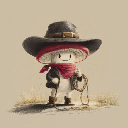 A charming cartoon mushroom dons a paper cowboy hat and a tiny scarf, exuding confidence in a wild west setting. This whimsical character holds a toothpick lasso, prepared for fun and adventure.の素材