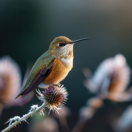 A delicate hummingbird rests on a frosted thistle head, wings tucked in, as the low winter light casts a gentle glow. Mist drifts lazily, enhancing the tranquil atmosphere.の素材