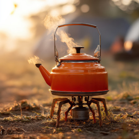 In the serene morning light, a vibrant camping kettle steams gently atop a portable burner, filling the air with anticipation. The fresh scent of nature surrounds this cozy awakening.の素材