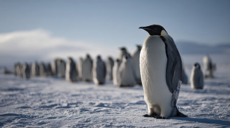 In the tranquil expanse of an Antarctic snowfield, a father emperor penguin stands tall and proud, shielding his resting chick against the cold. The vast white wilderness offers a perfect backdrop.の素材