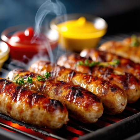 Rows of sizzling sausages on a hot grill, their crisp grill marks enhanced by steam rising into the air. Mustard and ketchup sit beside, ready to elevate this outdoor cooking experience.の素材