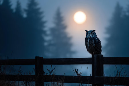 In the stillness of night, an owl sits gracefully on a wooden fence, its wings slightly open. The full moon shines brightly through the mist of the surrounding forest, casting a mystical glow.の素材