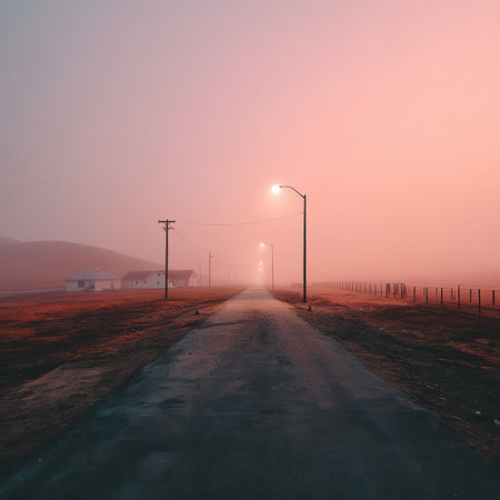 A tranquil road stretches ahead, enveloped in soft fog that mingles dusty rose and sage hues. Streetlights glow gently, casting a dreamy ambiance as the day begins.の素材