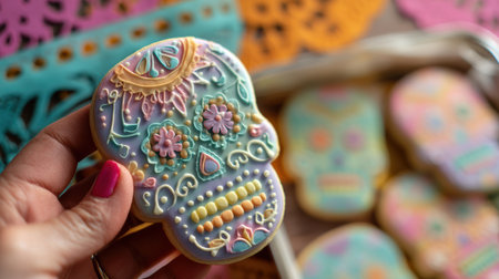 A hand holds a beautifully decorated sugar skull cookie, showcasing intricate pastel icing patterns. The colorful papel picado in the background adds an enchanting touch, celebrating tradition.の素材