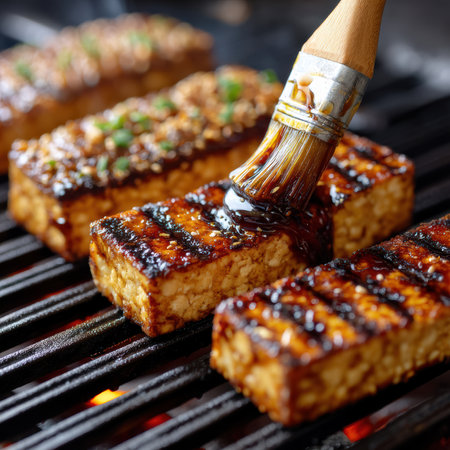 Crispy tofu steaks sizzle on the grill, showcasing perfect char lines. Nearby, a basting brush coated in rich soy glaze awaits to enhance the flavors, evoking a mouthwatering barbecue feast.の素材
