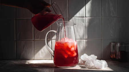 A person skillfully pours bright hibiscus agua fresca into a glass pitcher, with sunlight illuminating the ice cubes inside. The kitchen's pale tiles create a serene backdrop for the refreshing drink.の素材