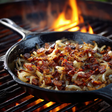 Sizzling caramelized onions blend with crispy bacon bits in a cast-iron pan placed over a vibrant grill. Heat waves dance in a rustic outdoor setting, enhancing the appetizing aroma.の素材