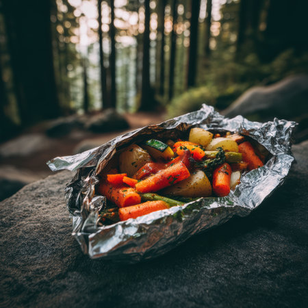 A foil packet reveals an assortment of cooked vegetables resting on a flat rock in the forest. Soft bokeh lights filter through the trees, creating a serene outdoor dining experience.の素材