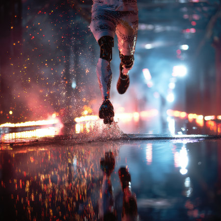In a moment of intense motion, a runner with carbon-fiber legs strides across a glistening neon track, droplets of rain suspended in the air.の素材