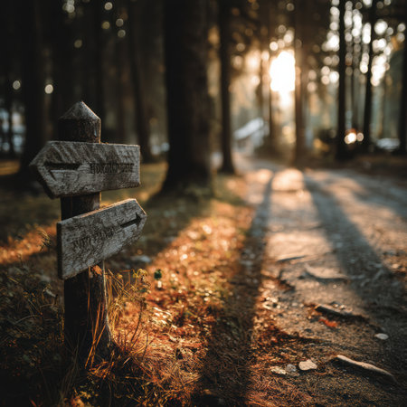 At a serene forest junction, a minimalist signpost points in different directions, captured in soft sunlight filtering through majestic trees.の素材