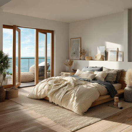 This serene modern bedroom features floor-to-ceiling glass doors opening to a breathtaking sea view.の素材