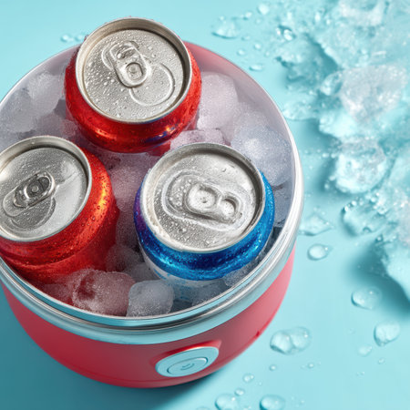 Gathering for summer fun, vibrant red, white, and blue soft drink cans rest on ice, catching the cool condensation.の素材