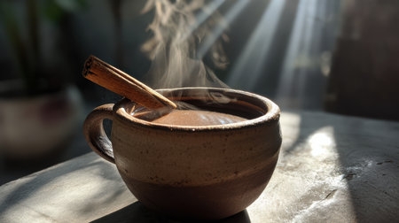 A rustic clay cup holds a rich, warm champurrado, steam curling upwards as sunlight breaks through, enhancing the cozy atmosphere.の素材