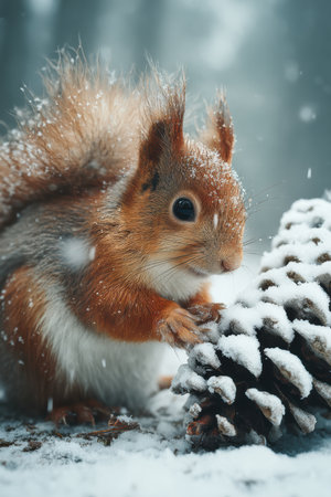 A fluffy red squirrel rests cozily beside a snow-dusted pinecone, its tiny paw delicately resting on the frosty surface. Snowflakes gently descend, creating a serene winter wonderland.の素材