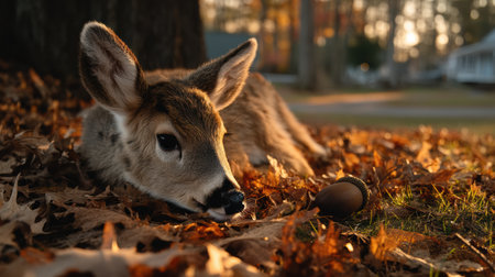 Nestled calmly among a carpet of fallen oak leaves, a baby deer enjoys the warm glow of the evening sun. A large acorn rests by its nose, perfectly capturing the serenity of this moment in nature.の素材