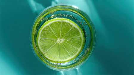A vibrant lime slice gracefully floats in sparkling liquid within a clear glass, creating an artistic fusion of colors and bubbles.の素材