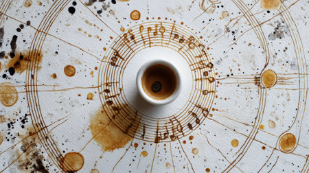 A beautiful mandala crafted from coffee rings and shimmering music notes graces a white surface.の素材