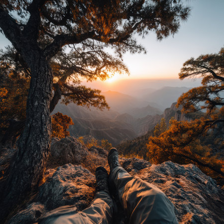 Seated atop a sturdy rock, a hiker in comfortable pants admires the vibrant sunrise peeking through the trees. The serene mountain landscape offers a perfect start to the day.の素材