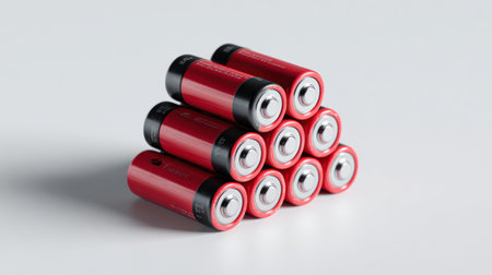 A striking composition of lithium batteries positioned thoughtfully on a pristine white surface.の素材