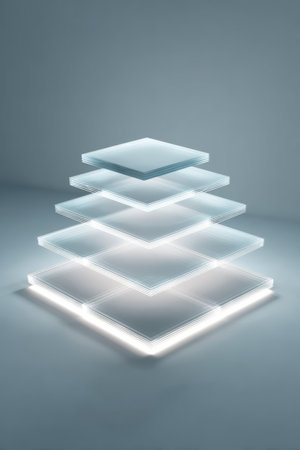 A stack of luminous tiles is arranged in a precise geometric pattern, radiating soft light against a clean minimalistic background, evoking a sense of modern innovation and sophistication.の素材