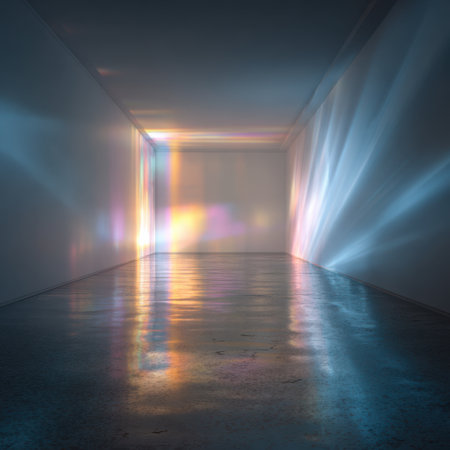 In an empty room, abstract light patterns dance on the white walls, creating a serene and futuristic ambiance. The soft glow reflects off the polished floor, enhancing the tranquil environment.の素材