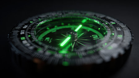 A vibrant digital compass glows with a striking green light, resting on a spotless white surface. This captivating display of navigation technology captures intricate details and depth in its design.の素材