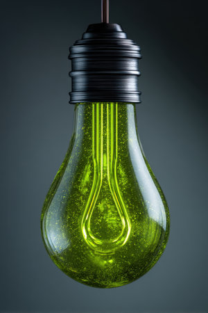 A vibrant green LED bulb glows warmly inside a sleek glass casing, casting gentle shadows on a dark backdrop. This captivating display symbolizes energy conservation and innovation.の素材