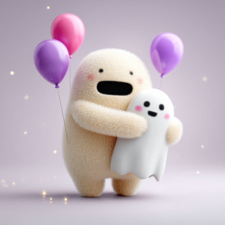 A chubby monster embraces a plush ghost while slowly dancing. Colorful balloon-like arms sway in harmony, with sparkling lights drifting around them on a pristine canvas.の素材