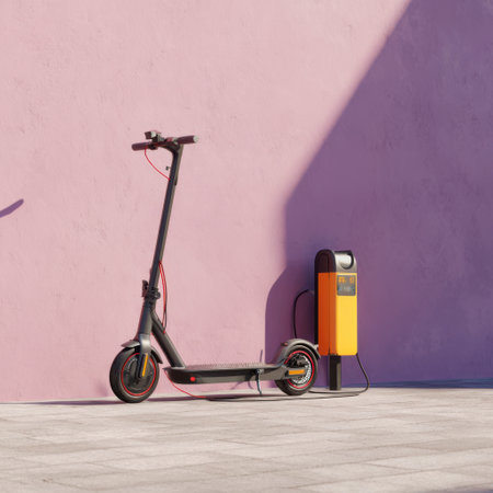 Parked quietly against a pastel wall, an electric scooter connects to a charging hub.の素材