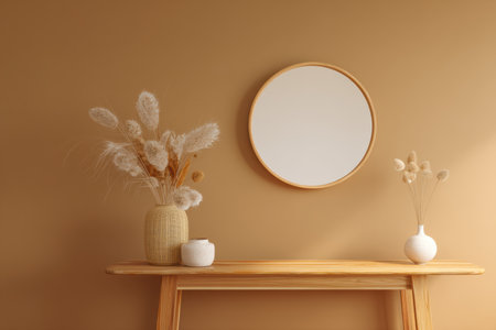 In a tranquil setting, a round mirror gracefully hangs above a wooden console table.の素材