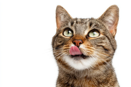 A playful cat sticks out its tongue in a whimsical gesture, displaying a charming expression. Captured in high detail, the stripes and bright eyes shine against a spotless white backdrop.の素材