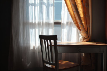 Sunlight streams through an open window, illuminating a clean desk set against sheer curtains. The warm glow enhances the inviting and tranquil workspace, perfect for creativity or focus.の素材