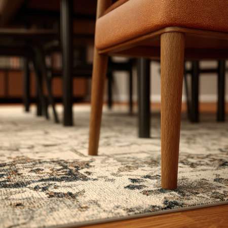 Captivating macro view showcasing the texture of a chair leg positioned adjacent to a beautifully patterned rug, enhancing the warm ambiance of the home office.の素材