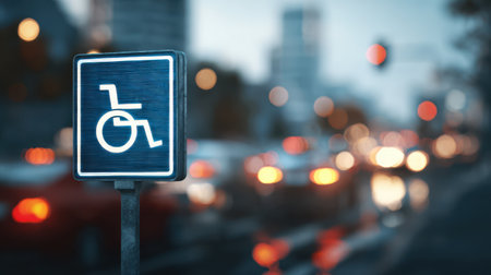 With a clear foreground, an accessible parking sign stands firm, contrasting with the blurred backdrop of busy city traffic.の素材